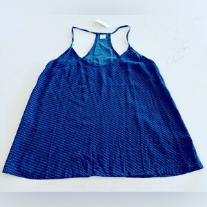 New with tags, women’s size XS, blue/black spaghetti strap top, silky